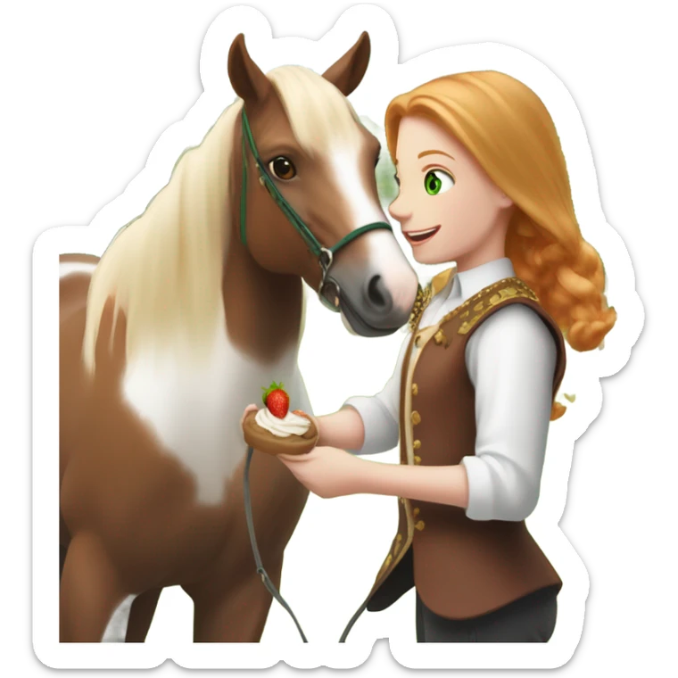 White teen girl with green eyes and medium length strawberry blonde hair wearing traditional English riding attire giving a treat to a brown and white paint horse sticker