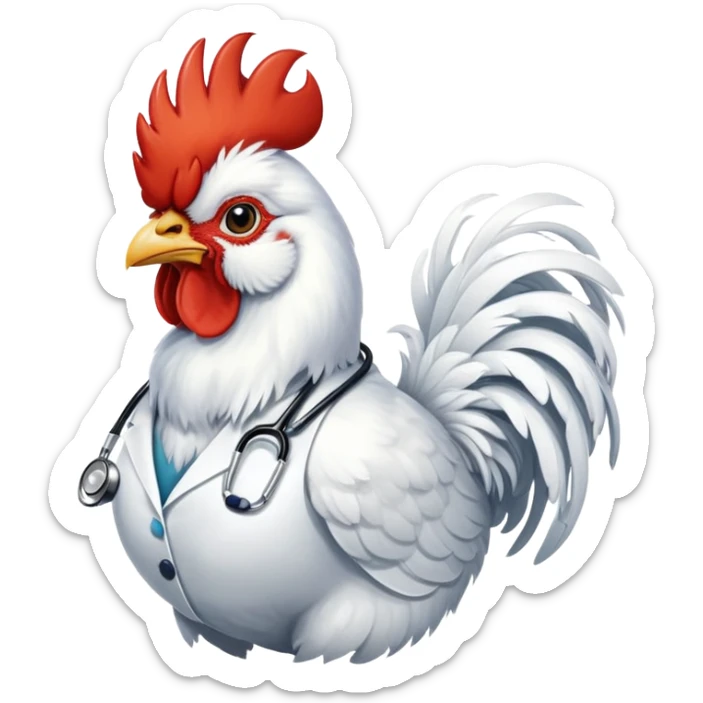 A White Silkie Bantam rooster has very fluffy plumage and is wearing a doctor's stethoscope.  sticker