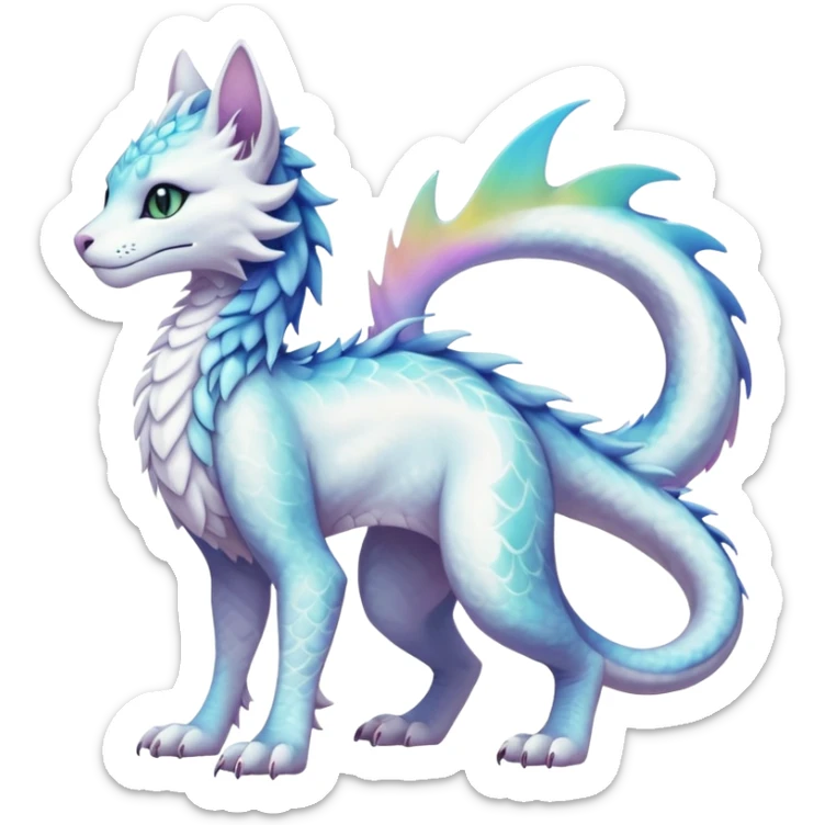 Kawaii white pastel iridescent beautiful pretty elegant divine edgy fantasy feline-vernid-sergal-Haku-dragon-fursona animal creature with a tufted tail full body with intricate markings  sticker