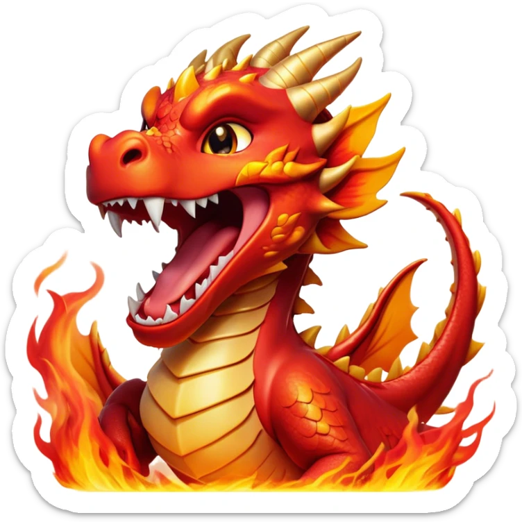 Cinematic Cute Yawning Fierce Fire Dragon Portrait Emoji, Head tilted slightly with a dramatic, wide-open yawn, revealing a fearsome yet endearing scaled visage bathed in searing reds and oranges, with gentle flames licking around its open mouth; rendered with realistic detail and flickering natural light, high shine, relaxed yet fierce, styled with a dash of smoldering charm, soft glowing outline, capturing the essence of a sleepy but spirited inferno ready to unleash a tender blaze of warmth! sticker