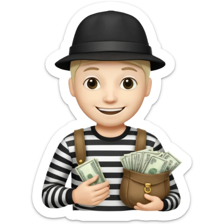 robber with 4 lines of black and white striped shirt and he has a money bag in his hand and a robber hat and he is smiling and he is whiteno money in his hand no money out of bag the bag is to the left  sticker