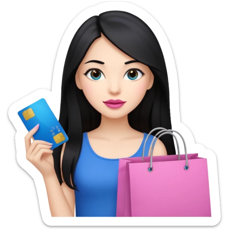 Girl with long black hair and crown, pink lipstick, brown eyes holding shopping bags and blue credit card sticker