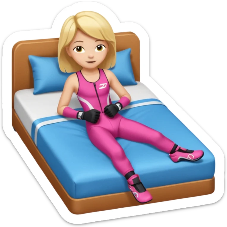 ten-year-old girl in a racing suit, racing shoes and racing gloves with no helmet, unzipped, revealing a sports bra, sleeping on a bed happily, flat-chested and prepubescent sticker