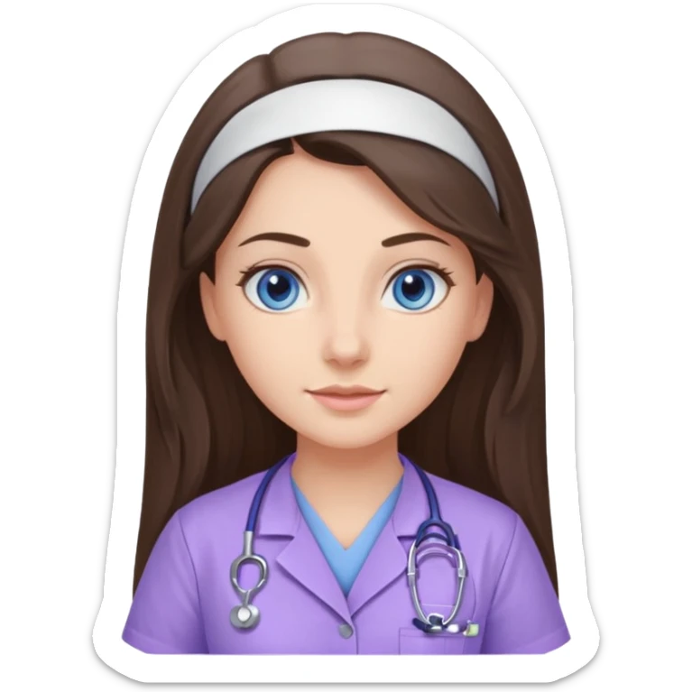 pretty brunette nurse with long hair and blue eyes in lilac scrubs sticker