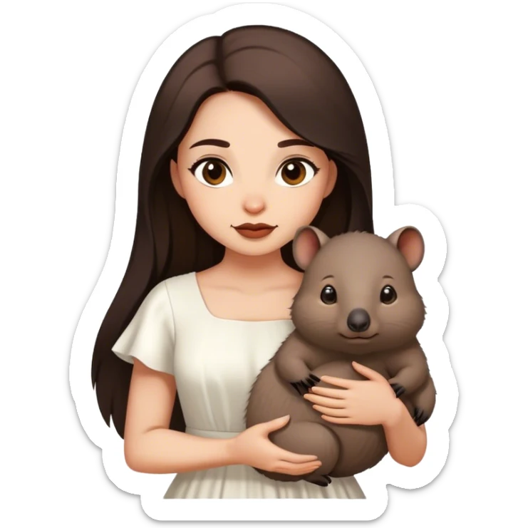 Beautiful woman in 1950’s woman fashion look, white dress, long dark brown hair, wombat sticker