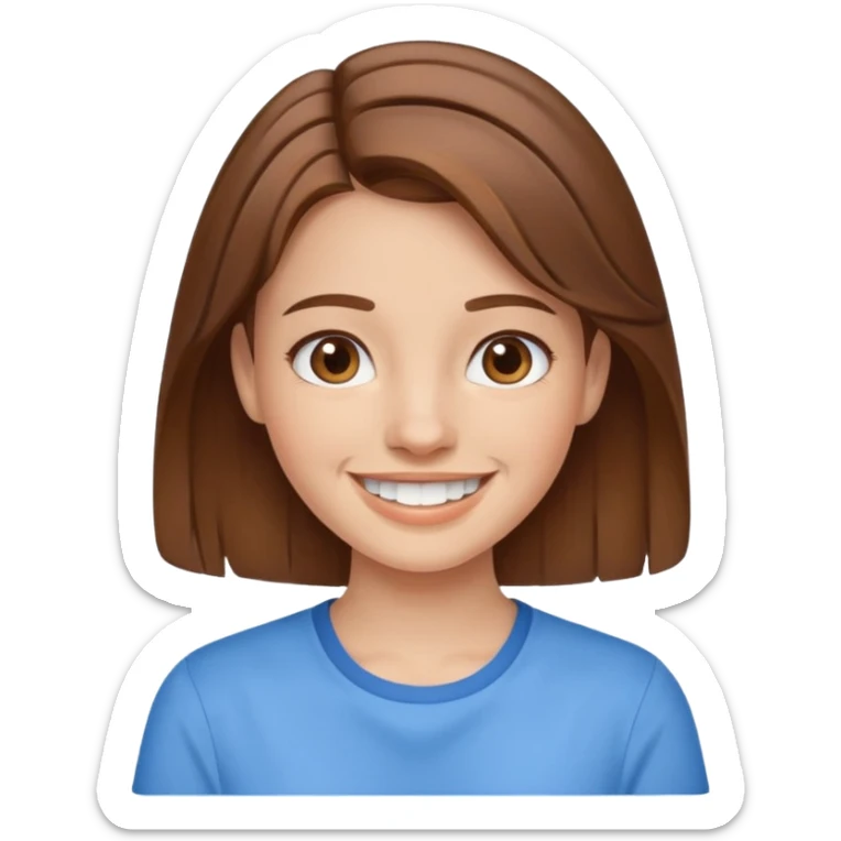 Girl with brown hair smiling with braces and blue shirt sticker