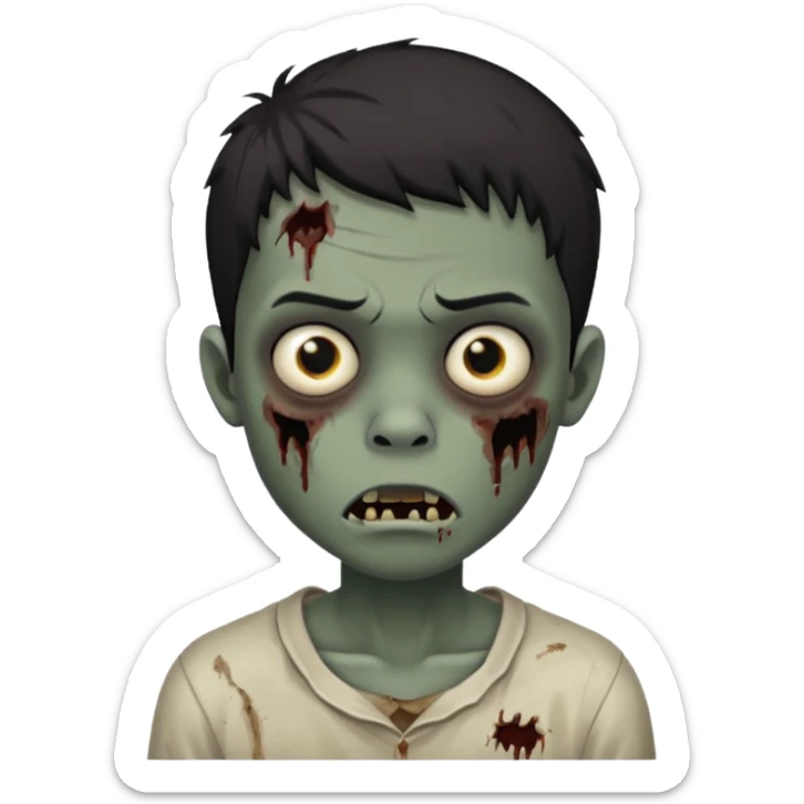Make a boy zombie with a dark skin and short black hair 4c, spook and creepy expression emoji sticker