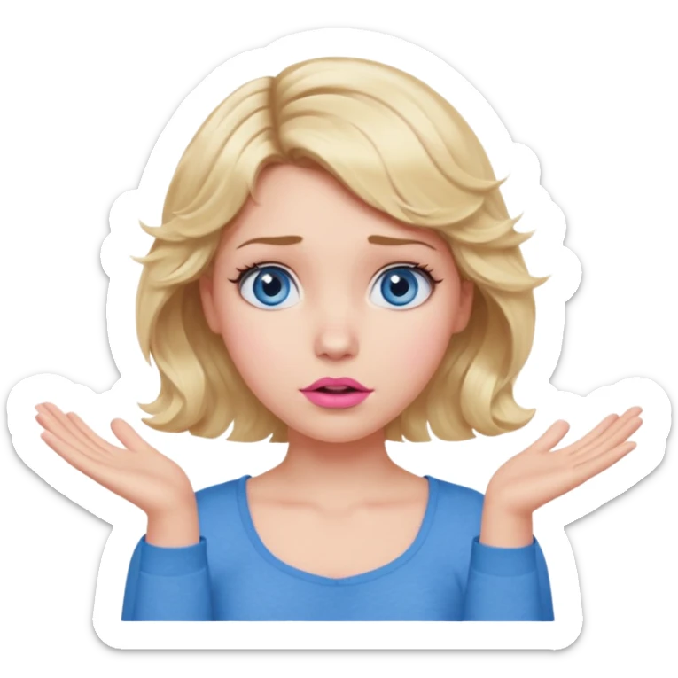Girl Blonde short wavy hair,  blue eyes, cute blue top, long lashes, pink lips, confused, shrugging hands raised sticker