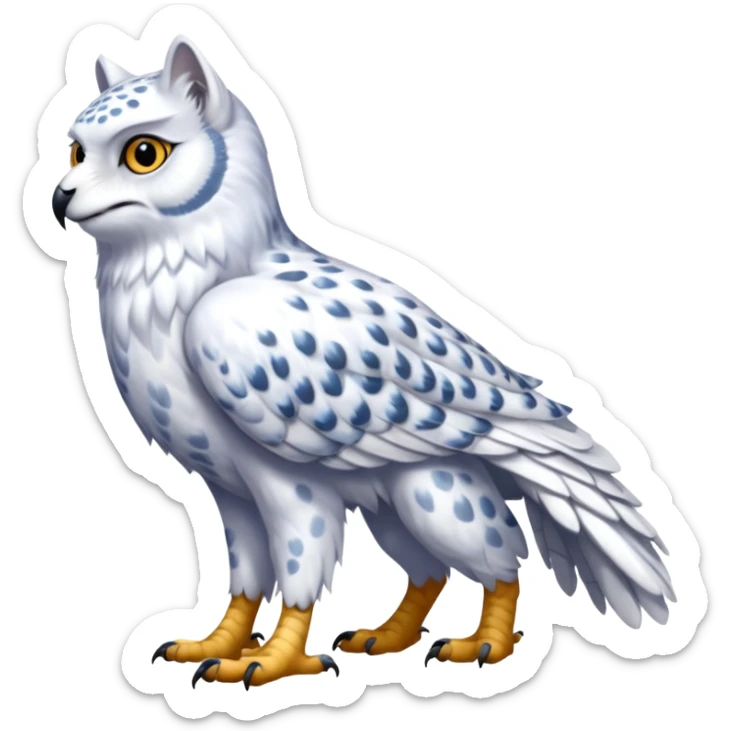 Realistic wild natural elegant pretty beautiful handsome shiny colorful furry 4-legged digitigrade snowy-owl-arctic-fox-snow-leopard-gryphon-griffin-fusion-hybrid-fursona-furry-animal-creature, full body, hyper-realism sticker