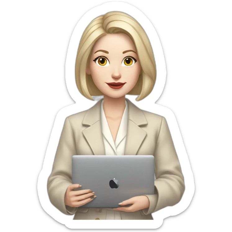 pale skin woman with ash blonde Straightened bob Hair, White Spacious classical jacket, beige palazzo Arrow pants and gray blouse holding a MacBook in the hands sticker