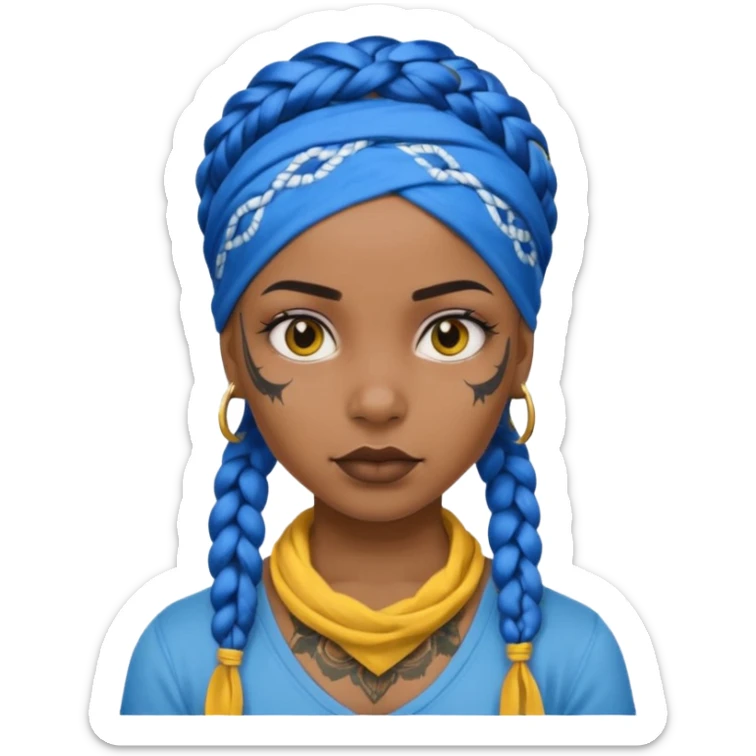 blue braided hair with yellow head bandana and lots of face tattoo black skin girl sticker
