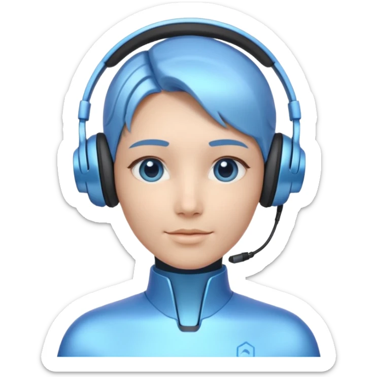 AI Call Agent holo-human-like Cyber AI face, warm, calm and friendly. Holographic look. Blue.
Soft AI face with a listening, welcoming expression, minimal facial lines, calm eyes. Light headset. sticker