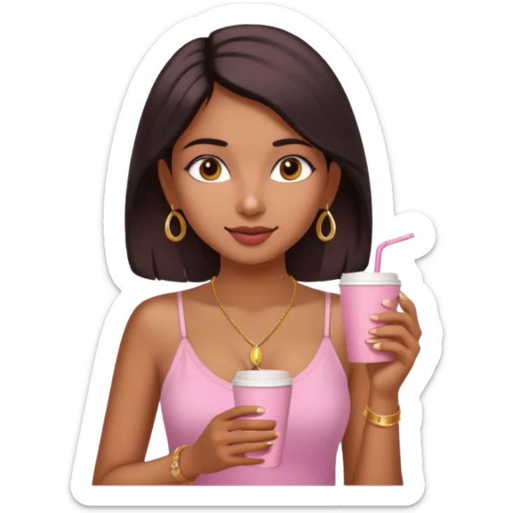 a pretty fair indian bratz girl with a pink cami top, drinking takeaway coffee, golden dainty necklace sticker