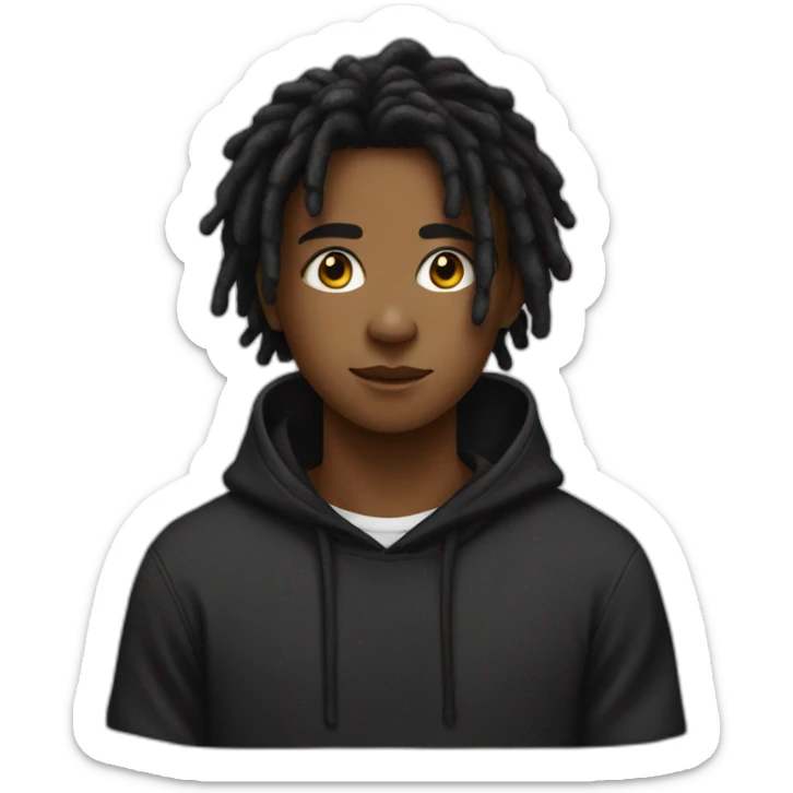 A black teenager with dread locks in the back wearing a black hoodie sticker