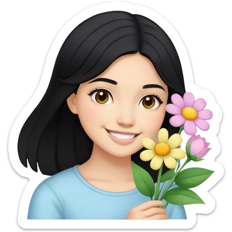 Light skinned girl, black hair happy to hold pastel flowers sticker