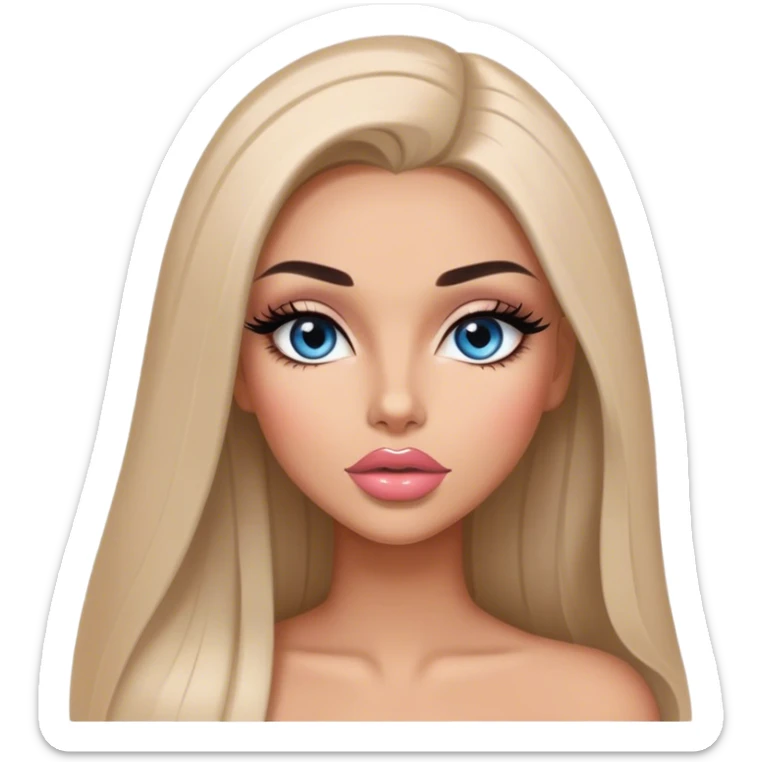 Glamours, tanned, very beautiful girl, with big pump peach-beige-rose lips, long long lashes, black straight smooth silky long hair, straight parting hair, blue-grey eyes sticker