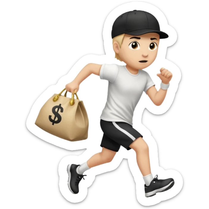 Thief with black cap white t-shirt with black Stripes emoji runing with money bag sticker