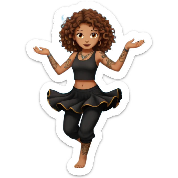 Sexy brown eyes, brown curly hair, white ethnicity with tattoo, mystic vibe, dancing in the fire in the night  sticker