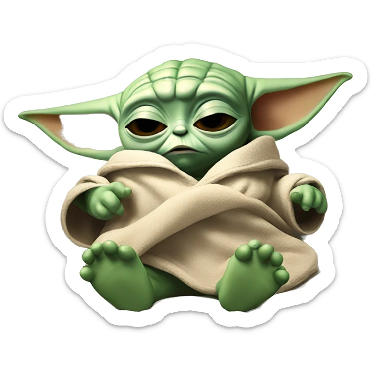 baby yoda is lying in bed with his eyes closed. Around him are flying letters ZZZZ sticker