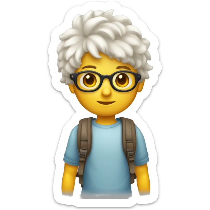 un niño flaco de piel blanca con pelo rulado corto y lentes con mochila sticker