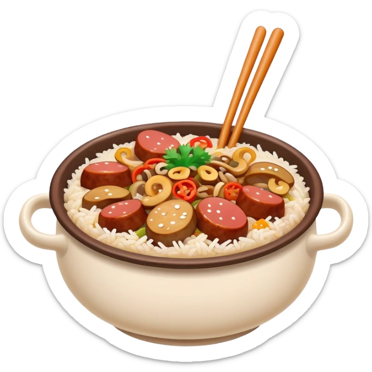 Guangdong clay pot rice with toppings and sauce, simplified emoji style with bold outlines and bright colors, cartoon style Cantonese Bo Zai Fan sticker