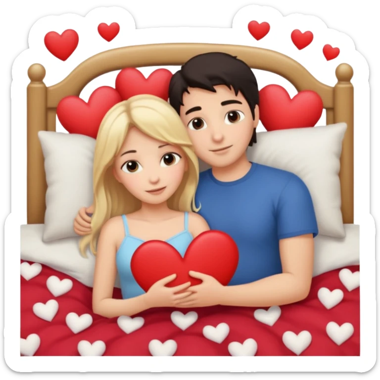 two people cuddling in bed. man has dark hair. woman is blonde. hearts surrounding them. sticker