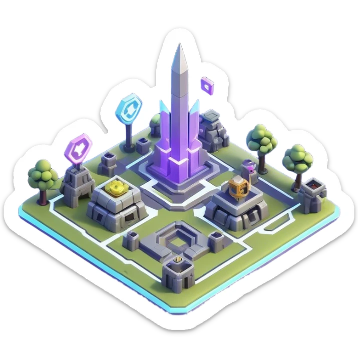 Clash of Clans aesthetic: Cinematic Playful 3D Isometric Holographic Map Emoji, rendered in a 3D vector-style similar to standard emojis with minimal shading and bold, simplified shapes. A compact, distinct form with signature details, softly glowing with a futuristic sci-fi warfare charm. Simplified yet unmistakably iconic, highly detailed and consistent, glowing with a soft radiance and high shine. Stylized with a touch of high-tech brilliance and a soft glowing outline, capturing the essence of a beloved gaming relic with a friendly, playful manner! sticker