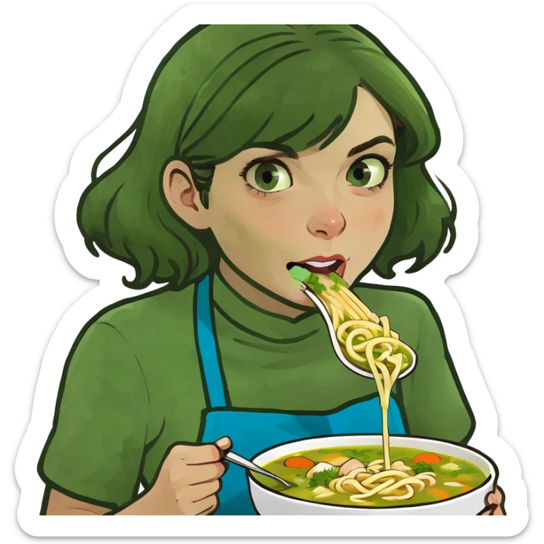 Girl with brown hair and blue eyes eating chicken noodle soup sticker