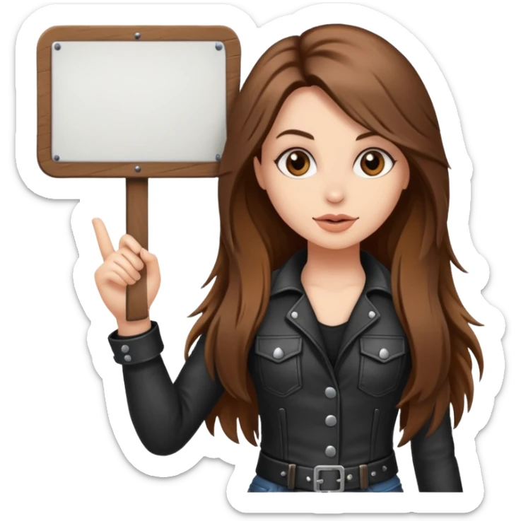 A fair skin rocker chick with long brown hair holding a large blank sign sticker
