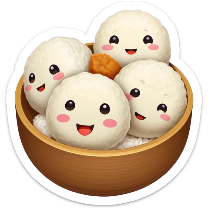 Ningbo rice balls with meat filling, simplified emoji style with bold outlines and bright colors, cartoon style round rice dumplings sticker