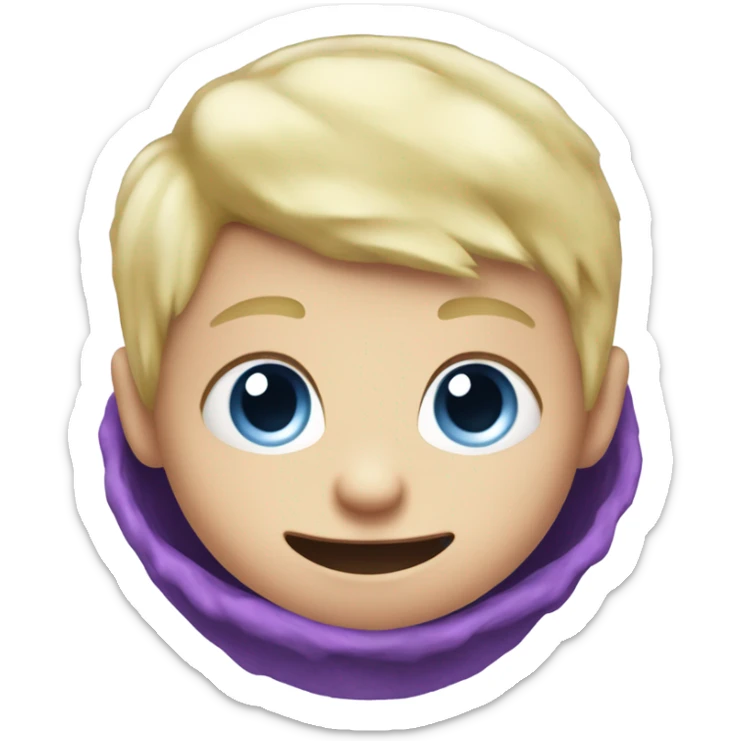Little blonde hair blue eyed baby boy playing with a purple giant monster sticker