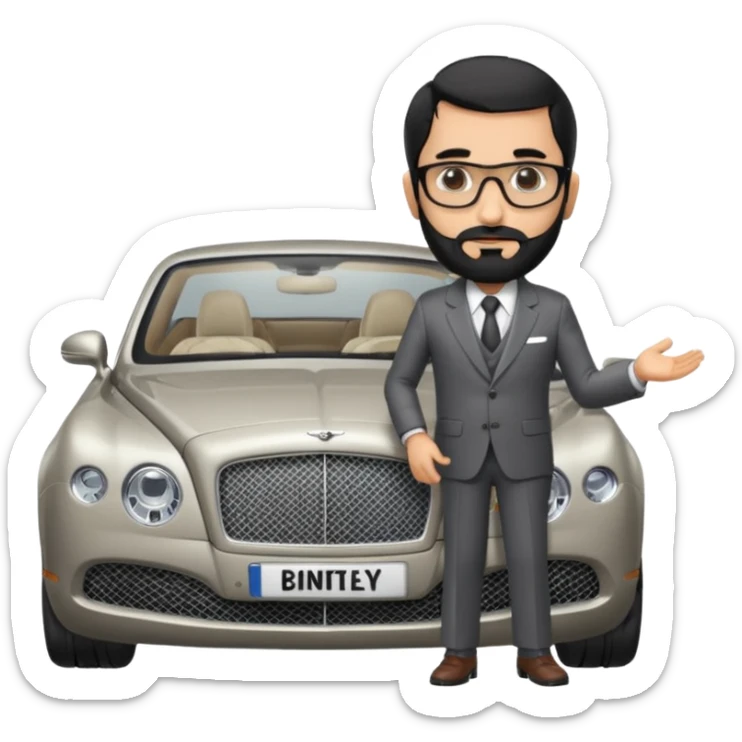 Professor Bentley Dyed black gray hair  frencb beard graying indian guy in suit with a bentley car. Older look with glasses slight balding sticker
