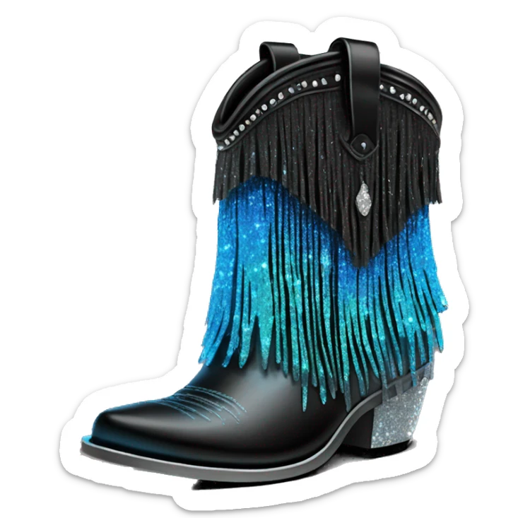 Realistic short neon blue to black ombre fashion cowgirl boot with sparkly shiny glitter fringe on them. sticker