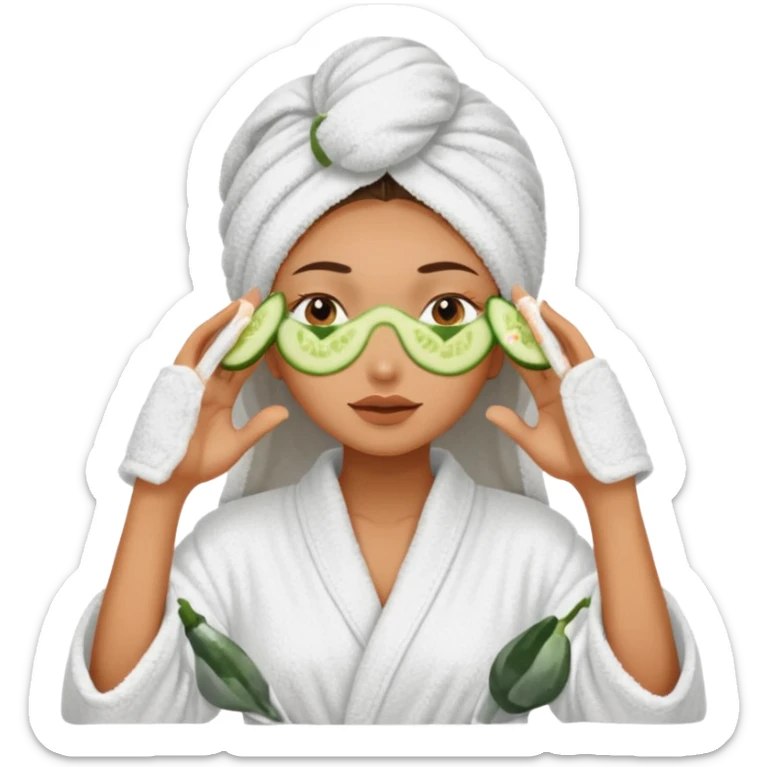 woman at the spa with cucumbers slices covering her eyes and tan skin tone with towel completely covering hair and robe on no hands showing sticker