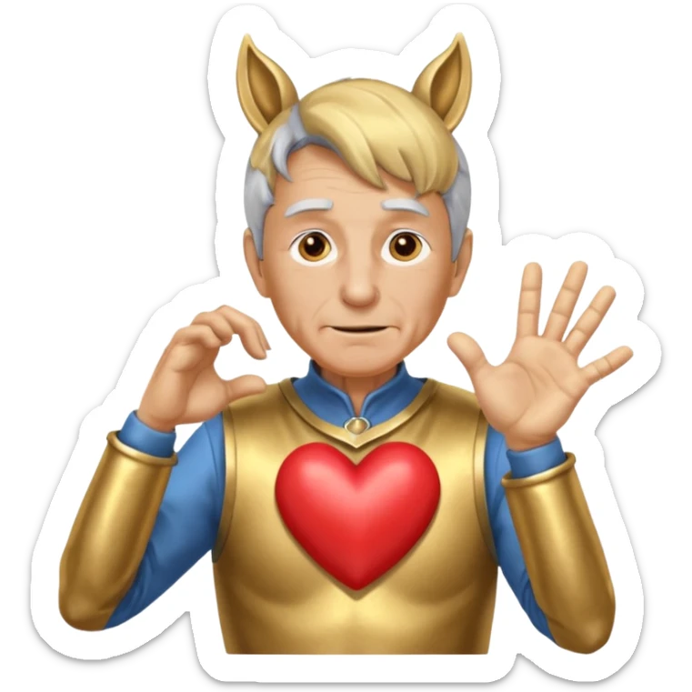 An elderly man with golden skin, his body shining like polished metal, wearing a horse cosplay costume with horse ears and a tail. He is making a heart shape with his hands and blushing slightly, showing a shy and embarrassed expression. sticker