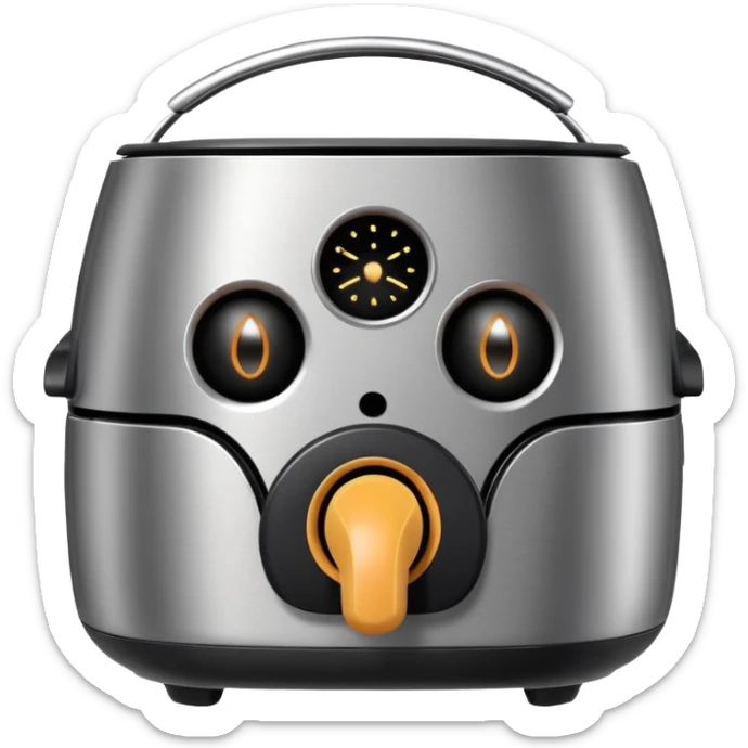 An air fryer with the knobs and handles made to look it's eyes, nose and mouth, hysterically crying with laughter sticker