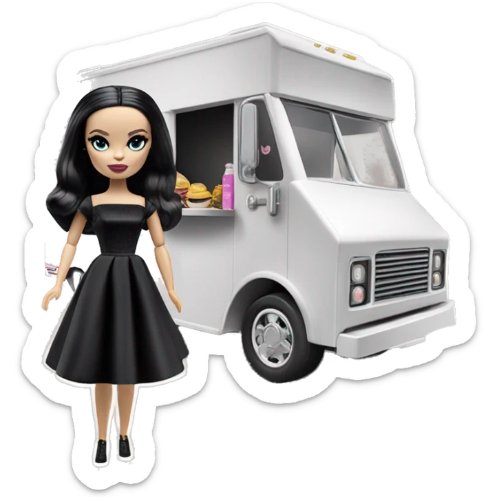 Wednesday Addams Barbie’s Food Truck.  Small very light skin face. Black eyeshadow. Earrings matching necklaces. Long silky raven hair. black flowing strapless tight evening gown neckline that’s off-the-shoulders shows her legs and black high heel arms up sticker
