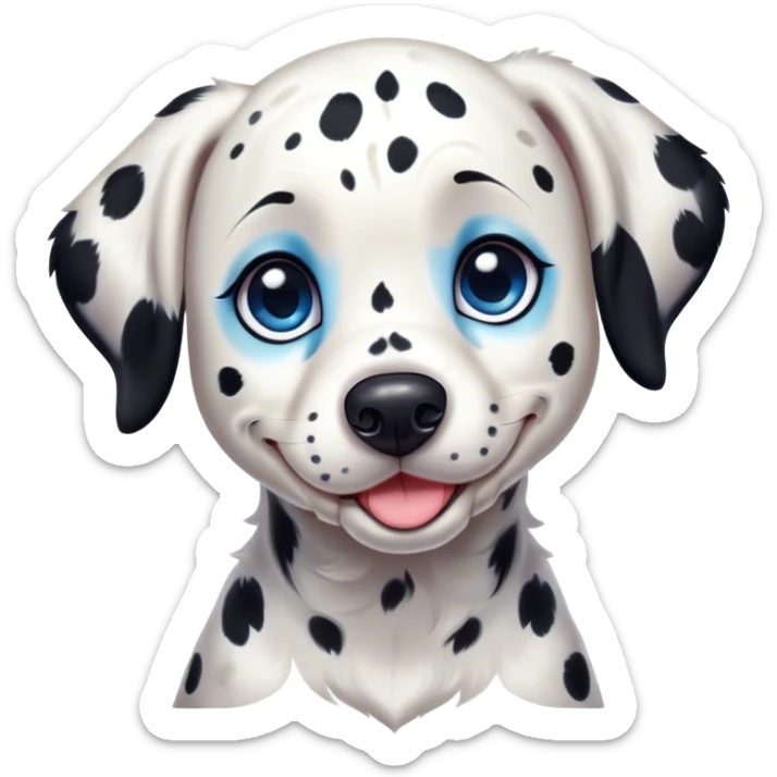 Cinematic Cute Spotted Dalmatian Portrait Emoji, Head tilted playfully and inquisitively, featuring a glossy Fur of predominantly white with dynamic black patches, round, sparkling blue eyes filled with gentle curiosity, Simplified yet irresistibly adorable features, highly detailed, glowing with a warm, friendly glow, high shine, affectionate and gentle, stylized with a touch of whimsy, bright and endearing, soft glowing outline, capturing the essence of a mischievous yet loving pup, so playful it feels like it could lumber out of the screen and into your arms! sticker