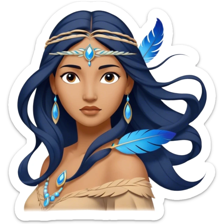 Cinematic Elegant Pocahontas Portrait Emoji, Standing serenely with a blue wind swirl around her, soft feathers in her hair, a tranquil yet powerful gaze, beauty beyond time, an ethereal aura of connection with nature, regal and enchanting! sticker