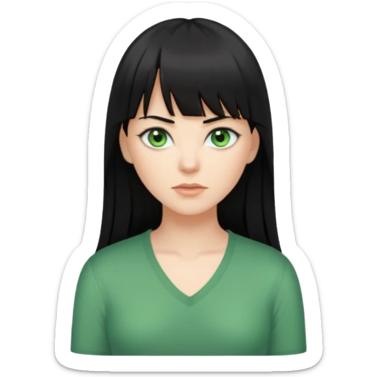 A white woman with Long straight hair with bangs, black hair, green eyes and a low-cut shirt sticker