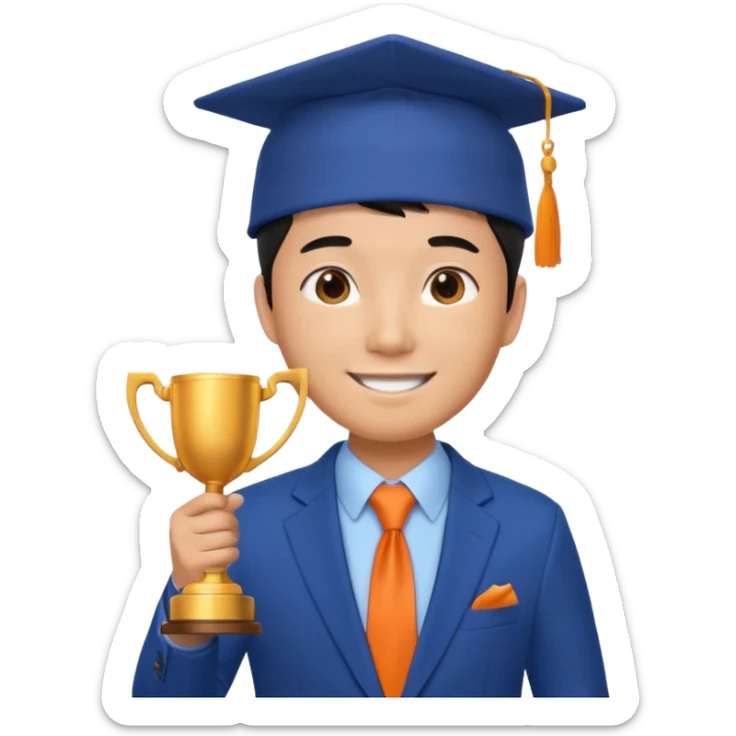 An asian man wearing student hat, blue suit and orange tie, holding a trophey sticker