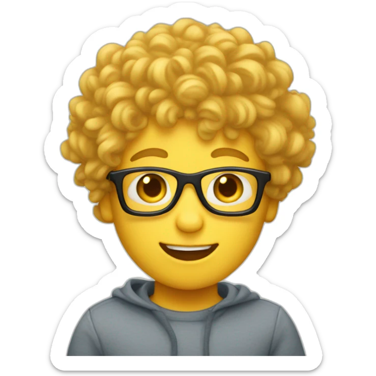 a silly boy with black eyeglasses and curly yellow hair on topnot much hair and white skin sticker