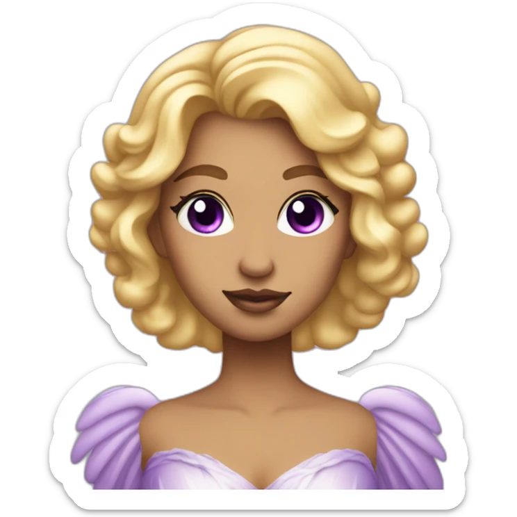 An angelic woman in a fancy purple dress, with purple eye shadow, long blonde hair, and wrinkles on her face sticker