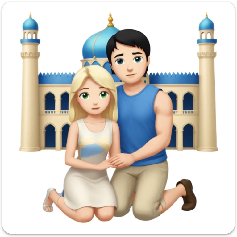 Man as king, black Hair, blue eyes, woman, blonde, green eyes, shott white sleveless Dress, kneeling, background palace sticker