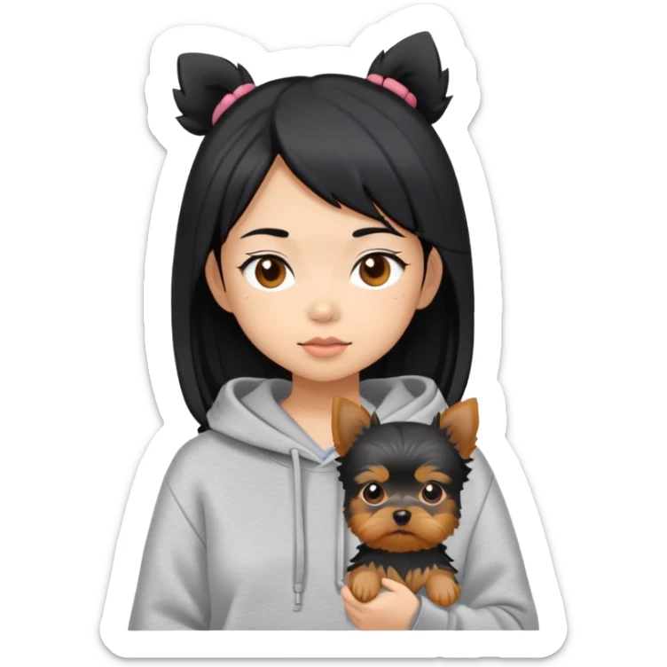 a black-haired asian girl wearing a grey hoodie with a yorkie  sticker