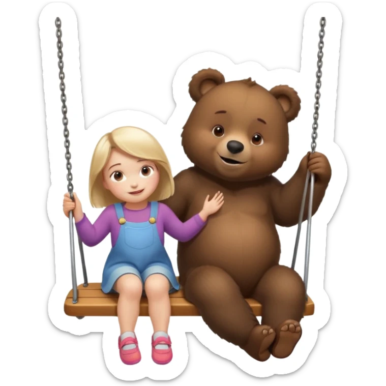 Create a 3D animated scene in the style of a children's cartoon. A small girl similar to Masha is sitting on a swing, smiling happily. A big friendly bear stands behind her gently pushing the swing. Bright colorful forest background, soft lighting, warm and playful mood." sticker