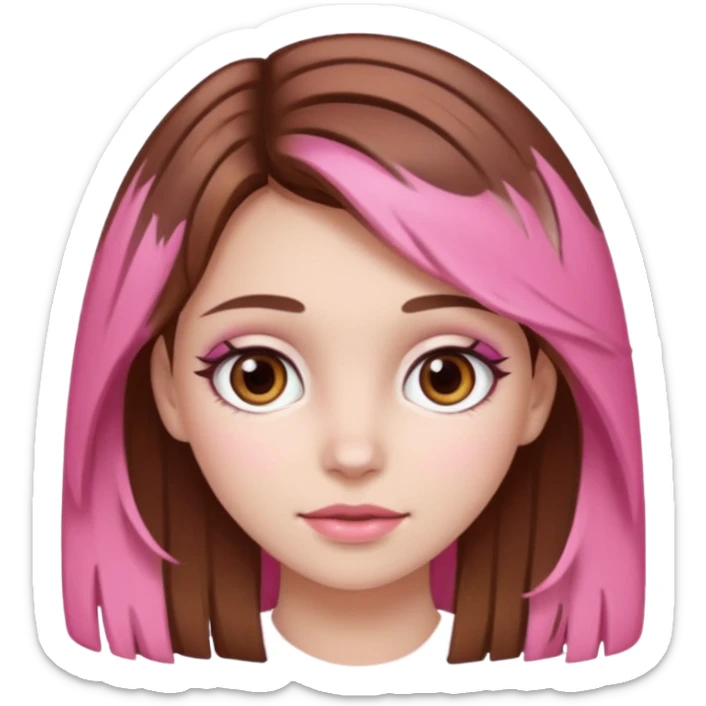 white skined girl with brown hair and brown eyes and pink highlights sticker