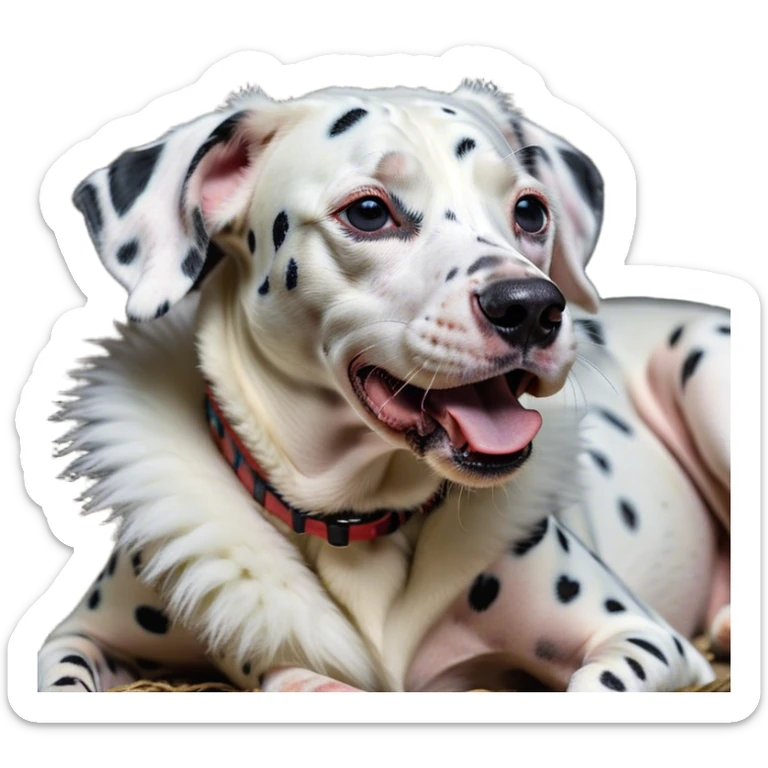 Cinematic Cute Yawning Spotted Dalmatian Portrait Emoji, Head tilted slightly with a dramatic, wide-open yawn, showcasing a smooth Fur of predominantly white with bold black patches, floppy ears slightly drooping, round eyes barely open in drowsy contentment, Simplified yet irresistibly adorable features, highly detailed, glowing with a soft, cozy glow, high shine, relaxed yet expressive, stylized with a touch of whimsy, bright and endearing, soft glowing outline, capturing the essence of a sleepy yet affectionate guardian, so drowsy it feels like it could stretch out of the screen and curl up for a nap! sticker