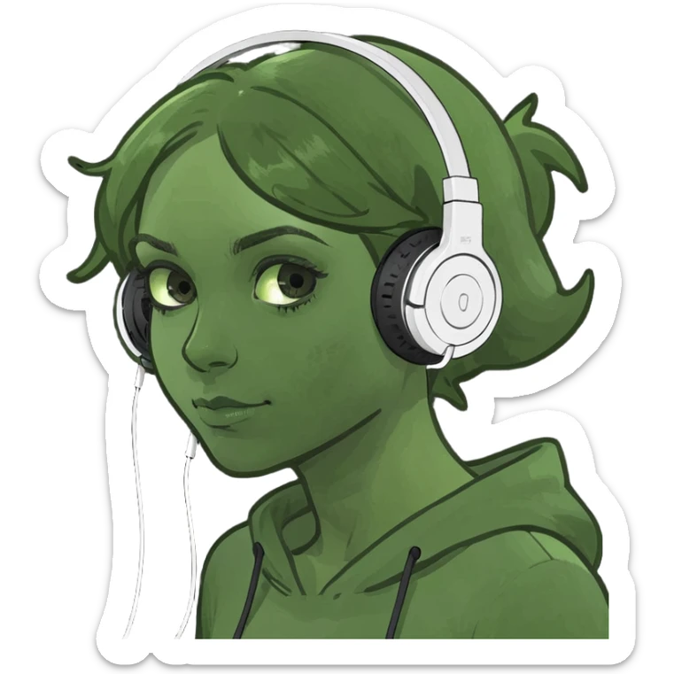 girl lying on bed comfortably listening to music with wired earphones sticker