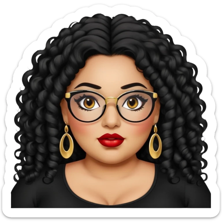 big plus size, latina, darker tan skin, long black curly hair, baddie,pretty, makeup, red lipgloss, black eyeliner, long hair, small gold earrings, black top, black glasses sticker